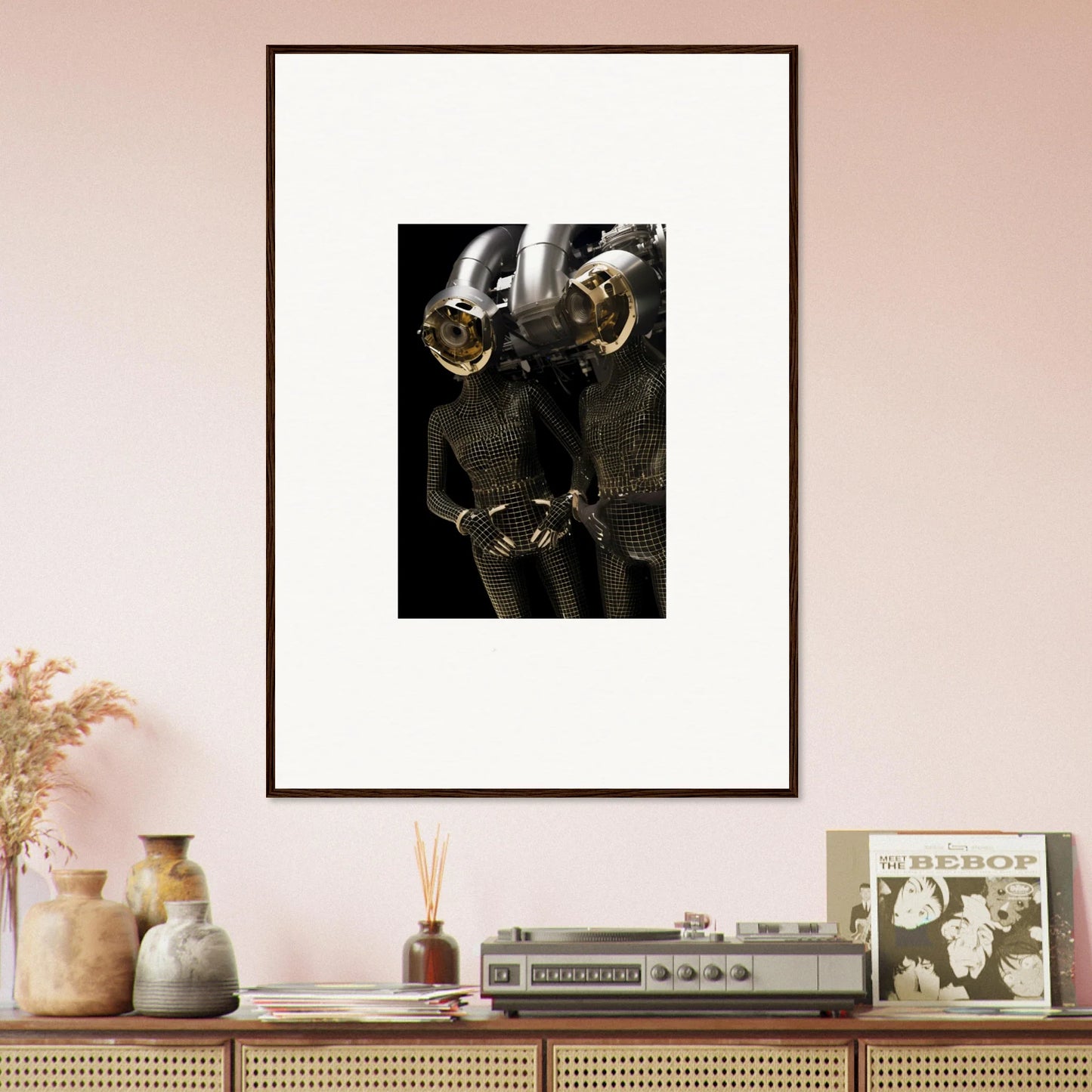 Framed black and white canvas print of an astronaut’s helmet and torso for cool room decoration