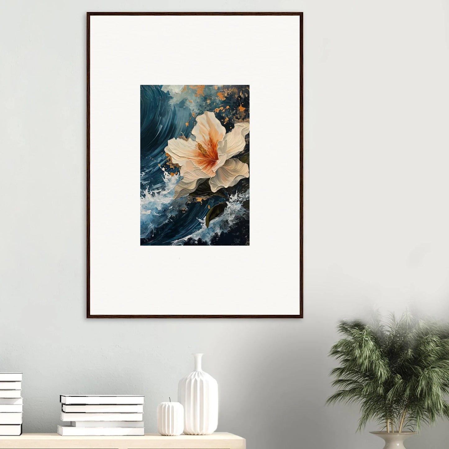 Framed canvas print of peach flower for stylish room decoration and petal waves vibe