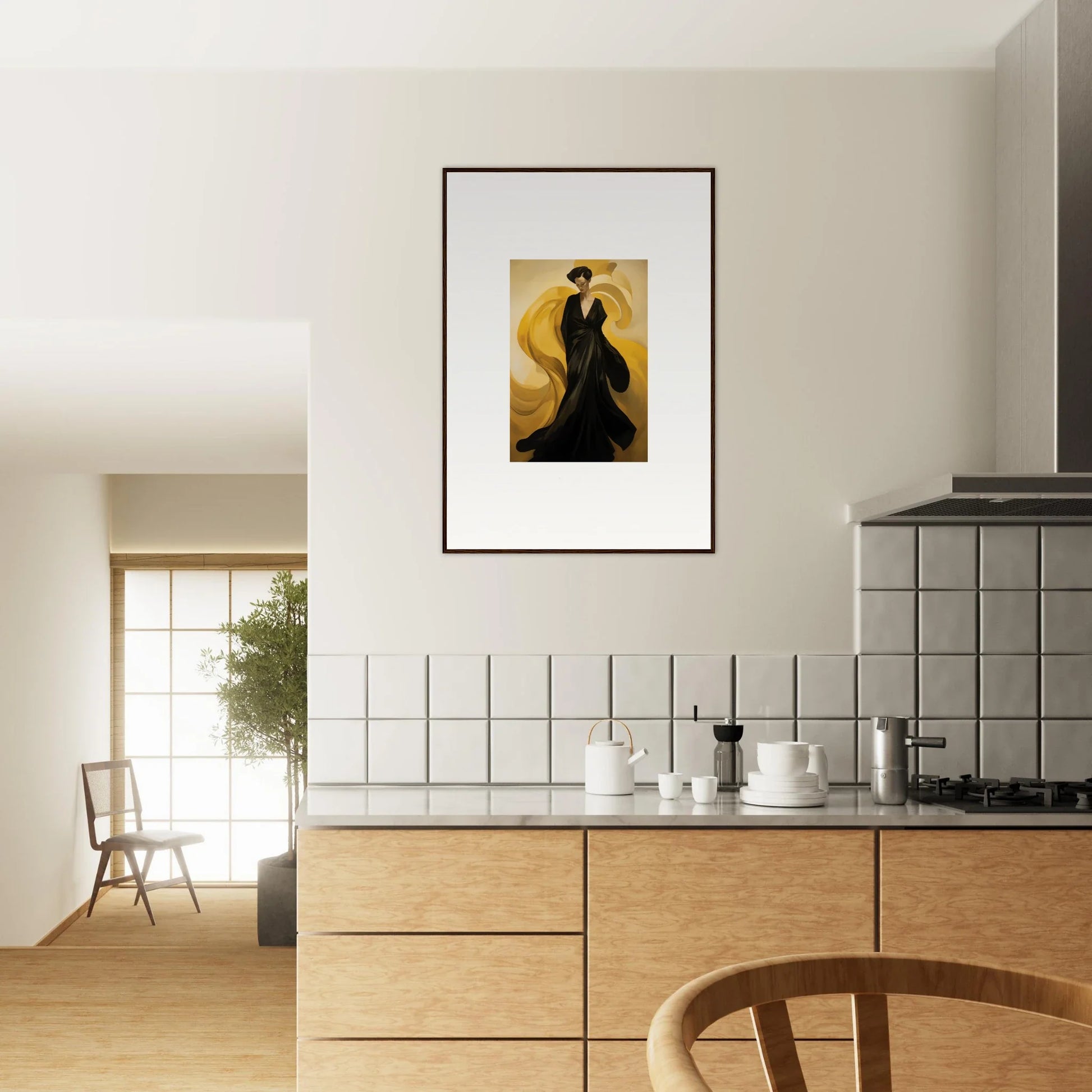 Framed canvas print of flamenco dancer silhouette on yellow, perfect for room decoration