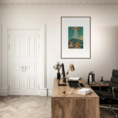 Wooden desk with typewriter and books in Thought Meadows minimalist workspace