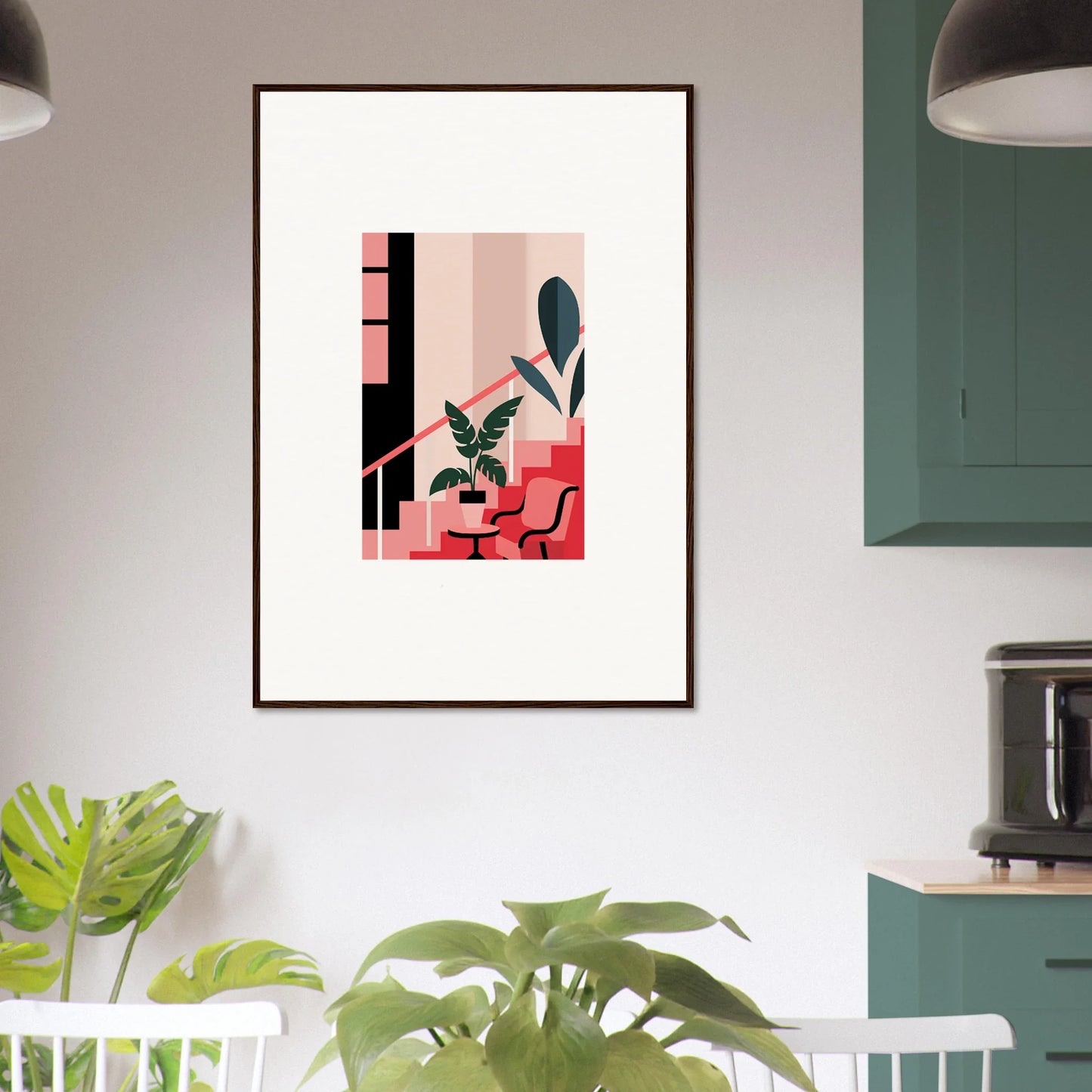 Framed abstract canvas print with geometric shapes and plants for chic room decoration