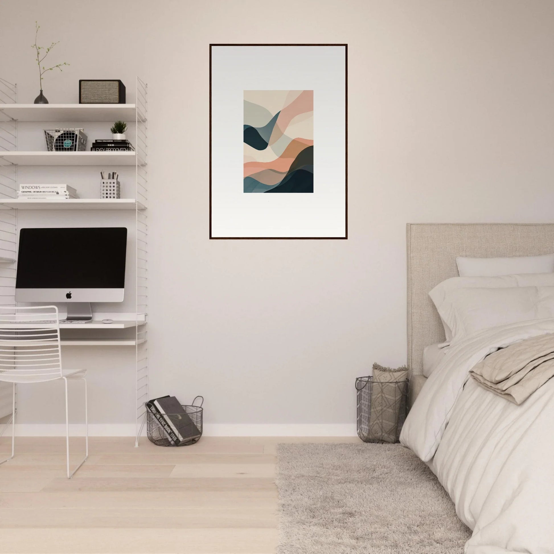 Minimalist bedroom featuring white walls, floating shelves, and stylish wall art canvas print