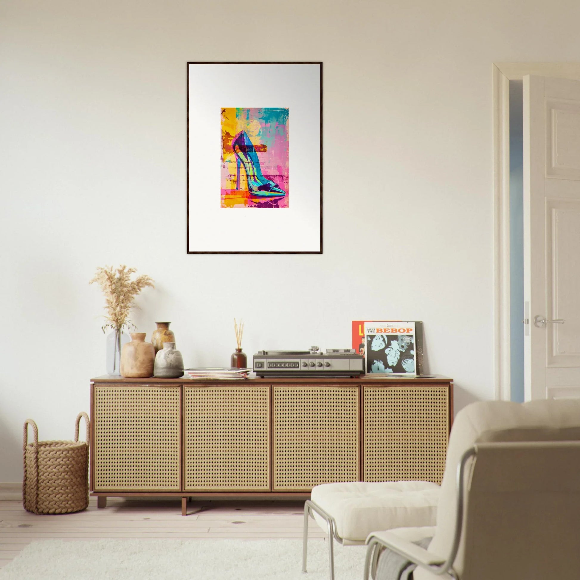 Framed wall art featuring a colorful abstract high-heeled shoe silhouette, Noir Reverie