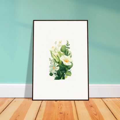 Framed watercolor of white flowers and green leaves, perfect for room decoration or garden whispers