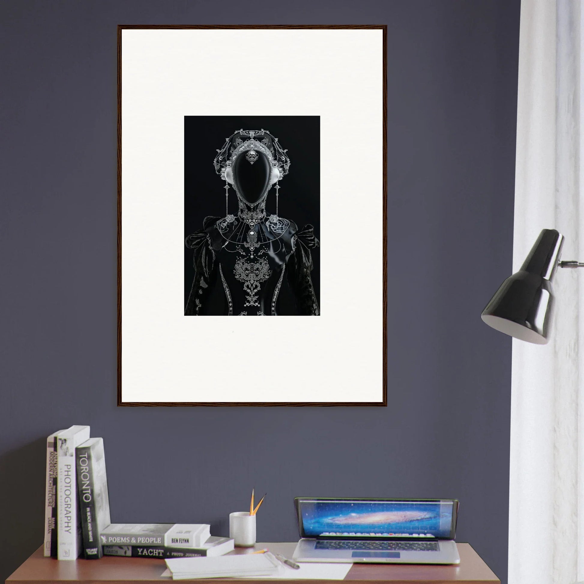 Framed black and white abstract canvas print of a skeletal figure for unique room decoration