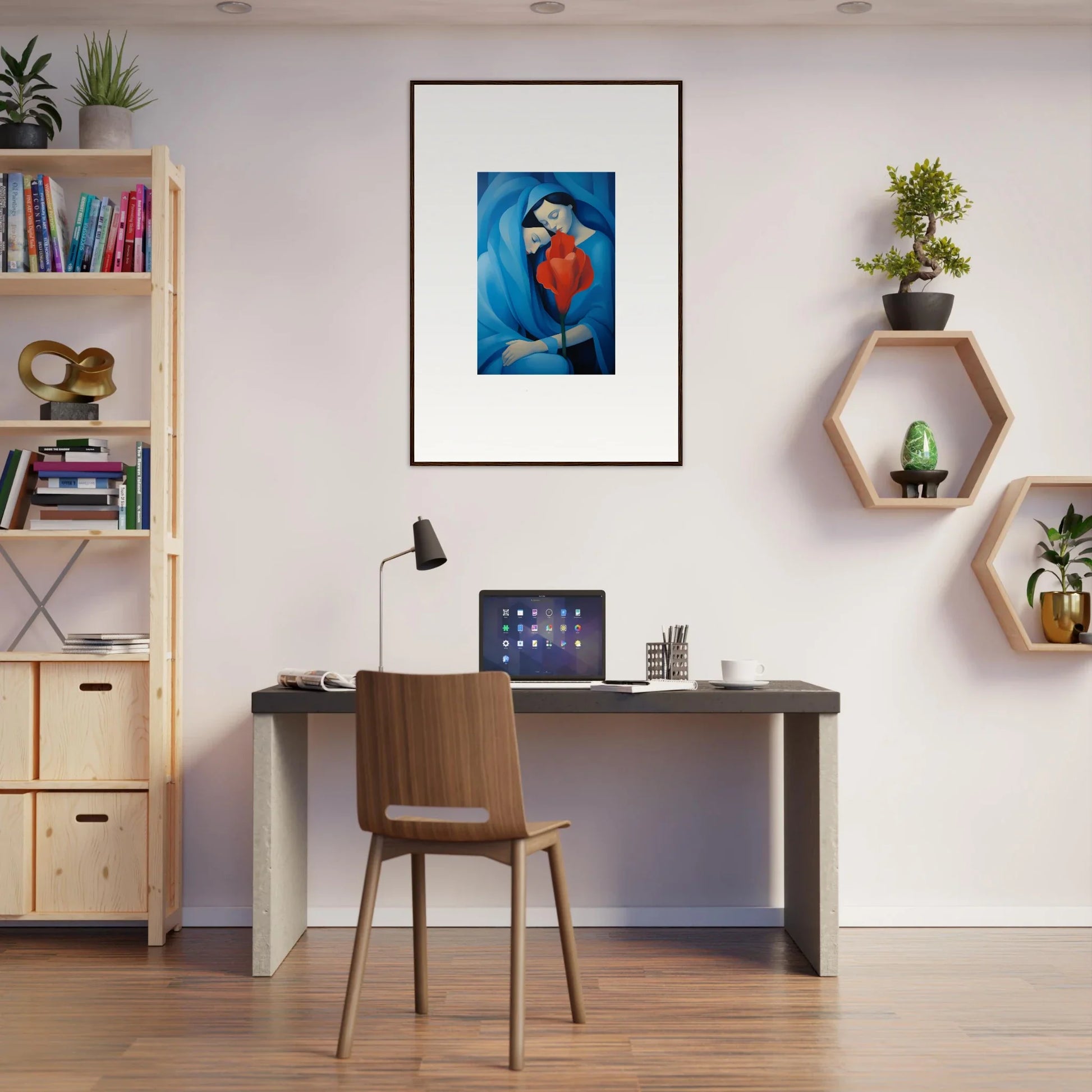 Modern home office workspace featuring Hues Fuse Twilight canvas print and stylish decor