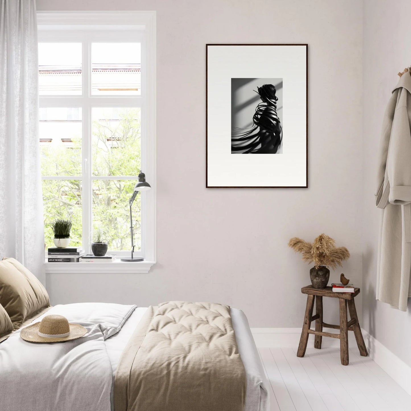 Serene minimalist bedroom with natural light, perfect for ribbon shares or room decoration