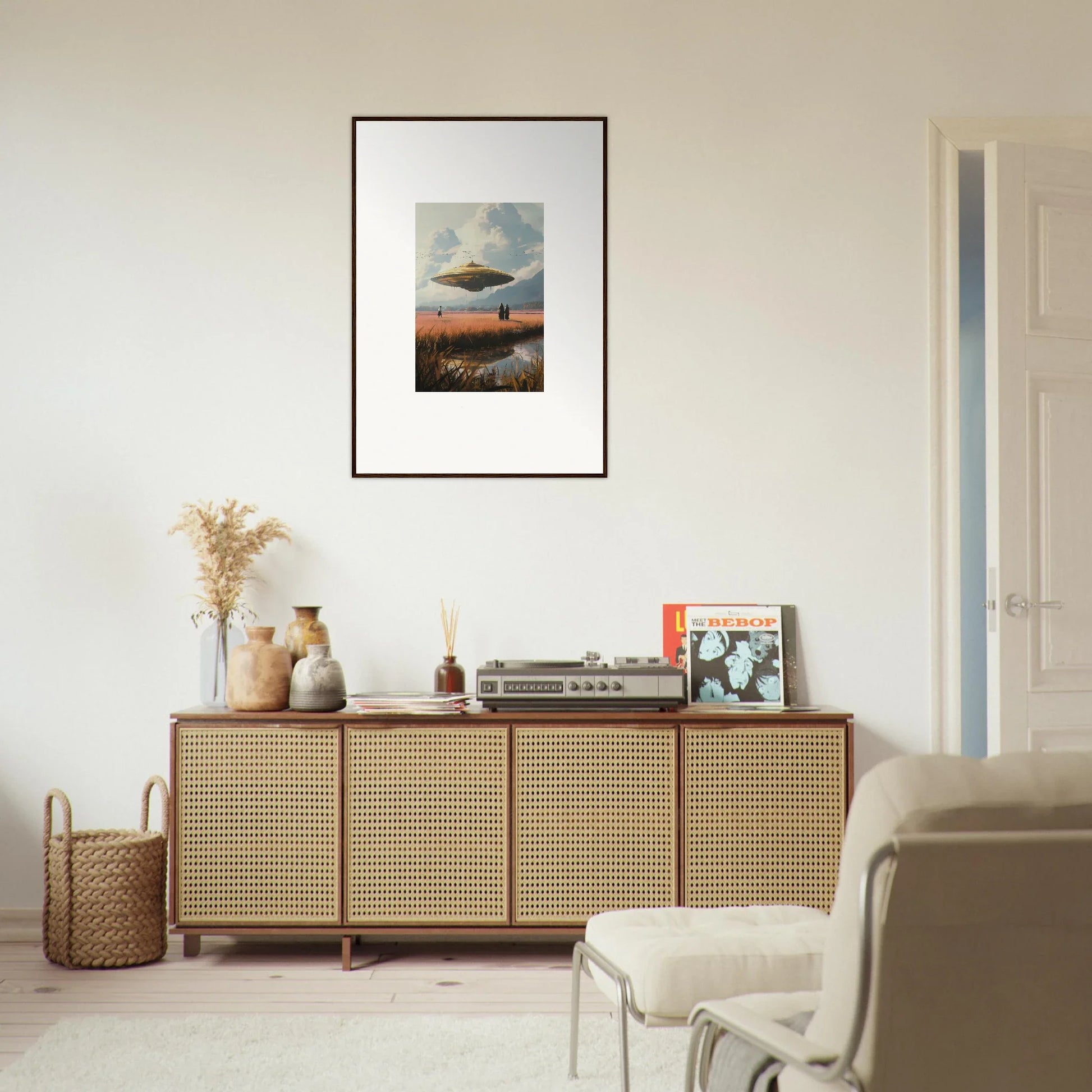 Wooden sideboard with cane-webbed doors, perfect for drifting suns room decoration