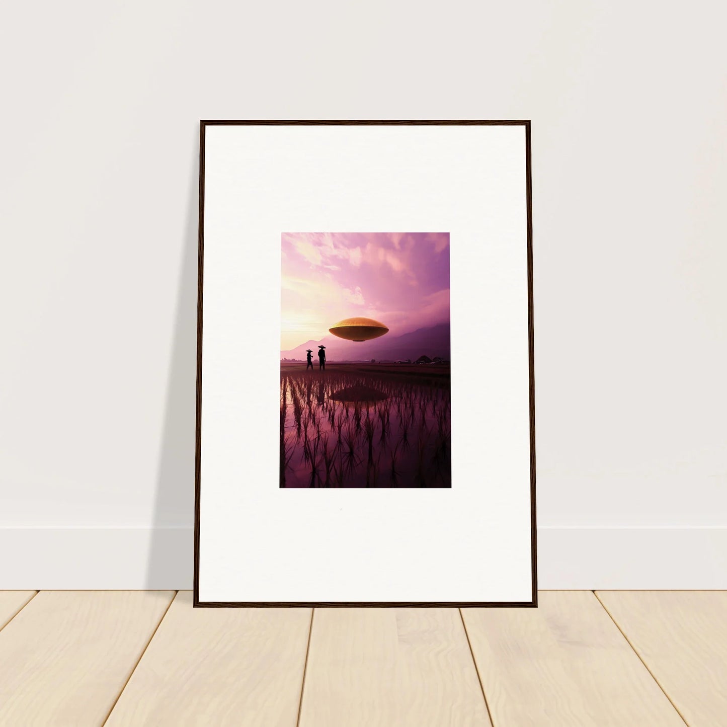 Framed Canvas Print of Violet Dreaming with a UFO over a purple landscape