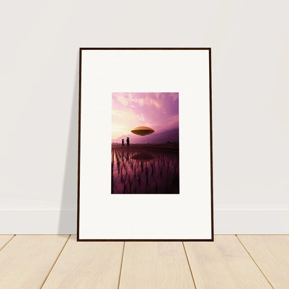 Framed Canvas Print of Violet Dreaming with a UFO over a purple landscape