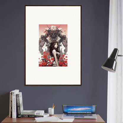 Framed canvas print of menacing creature over a girl with red flowers for cool room decoration