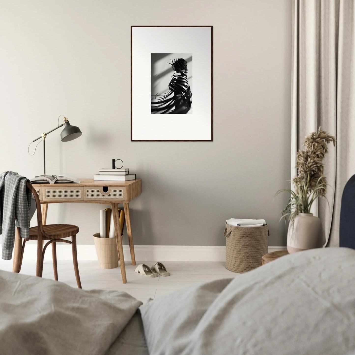 Framed black and white canvas print of a person’s back showcasing Whisper Twists for room decoration