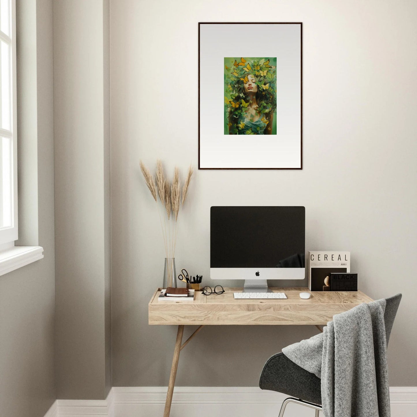 Minimalist home office with wooden desk, computer, and stylish Chrysalis Ecstasy canvas print