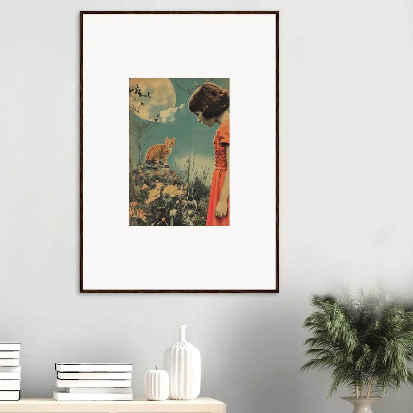 Framed vintage-style canvas print of a woman in red dress and lion under the moon for Flora Reverie