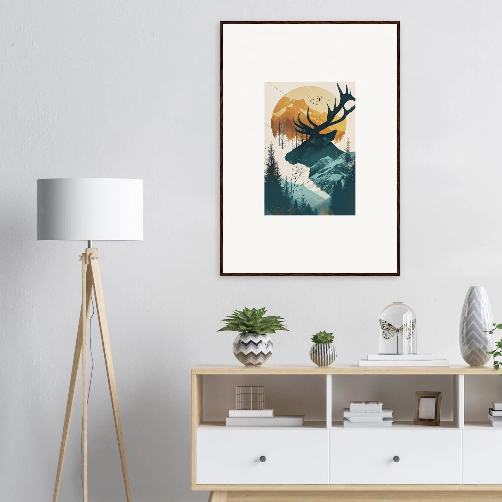 Stylized deer silhouette canvas print for stunning room decoration with forest sunset vibes