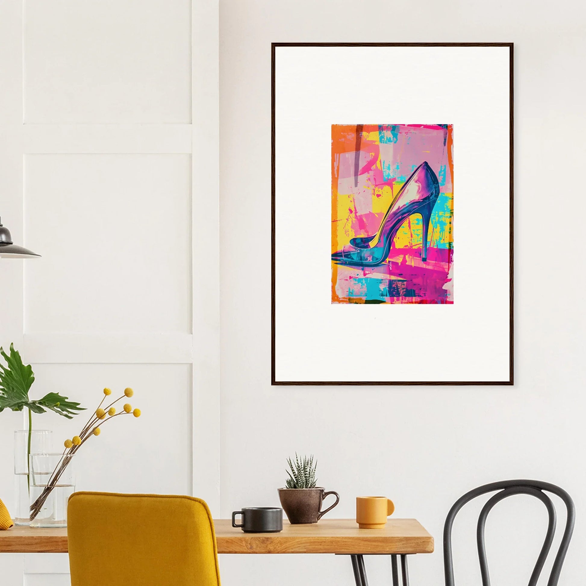 Colorful abstract painting of a high-heeled shoe for stylish room decor and framed wall art