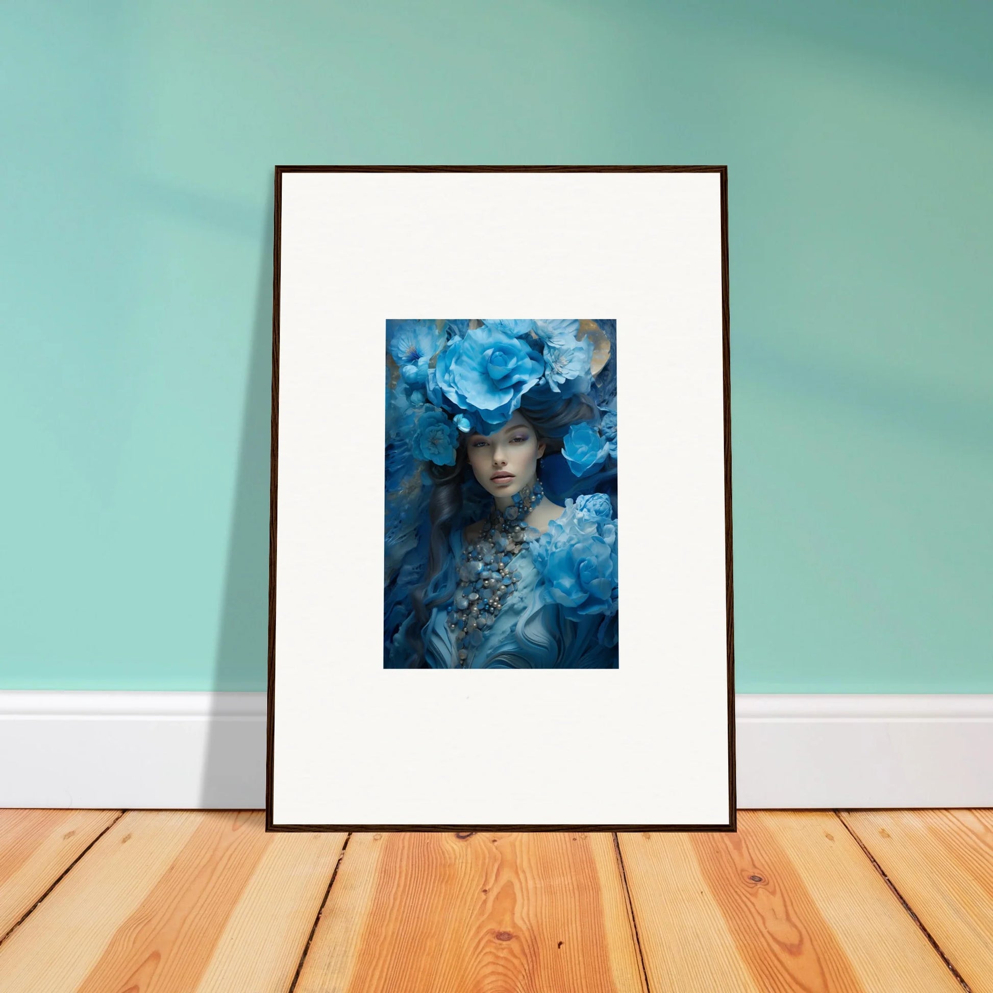 Framed canvas print of Dreaming Blue Symphony with blue floral elements for room decoration