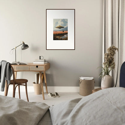 Framed canvas print of drifting suns over a serene sunset landscape for room decoration