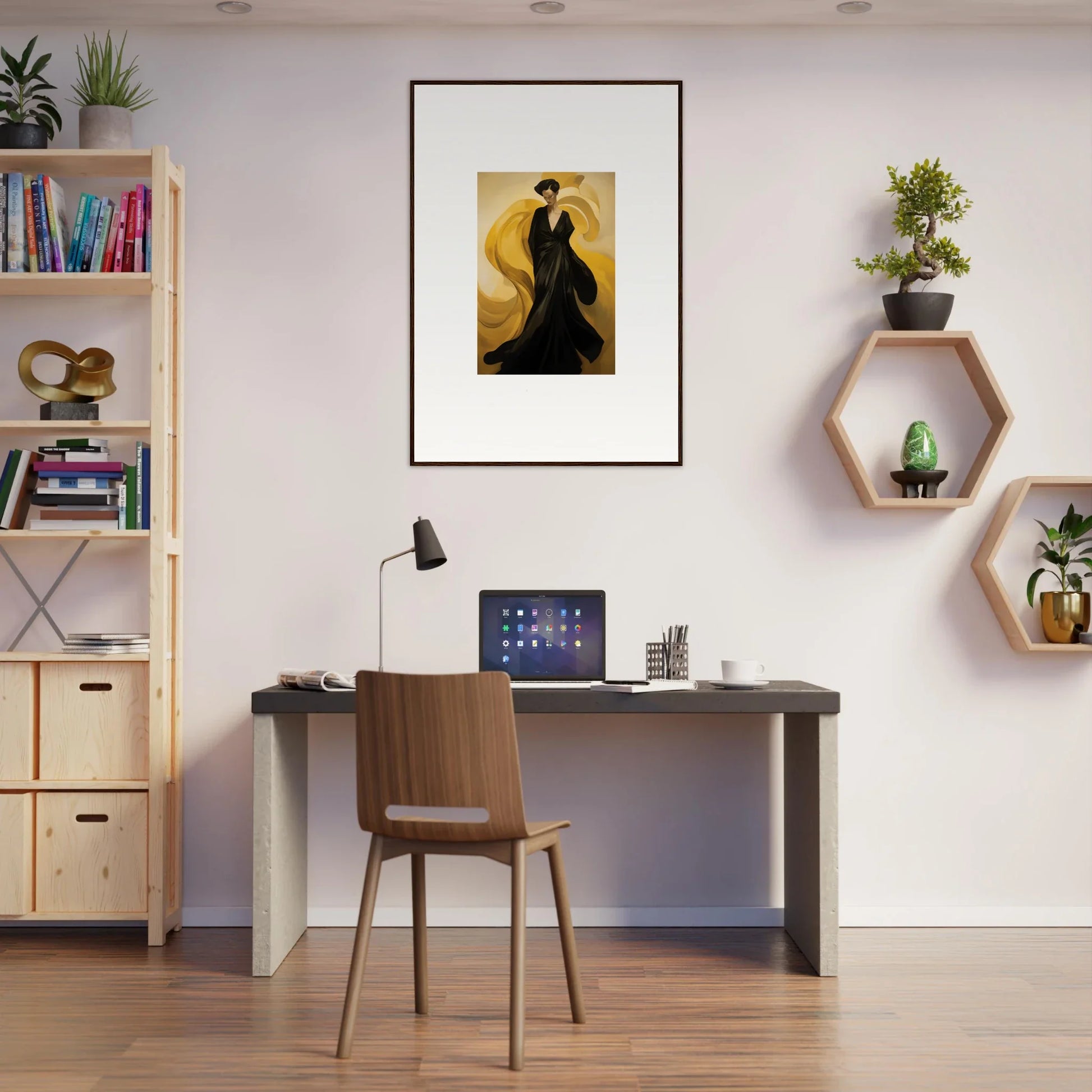 Stylish home office with Midnight Sun Waves canvas print and cool wall decor