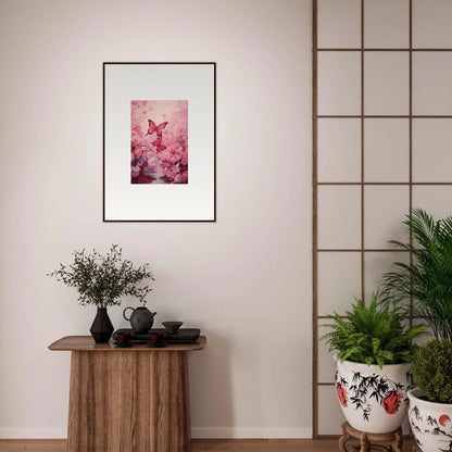 Framed canvas print of a pink butterfly amidst cherry blossoms for spring euphoria room decoration