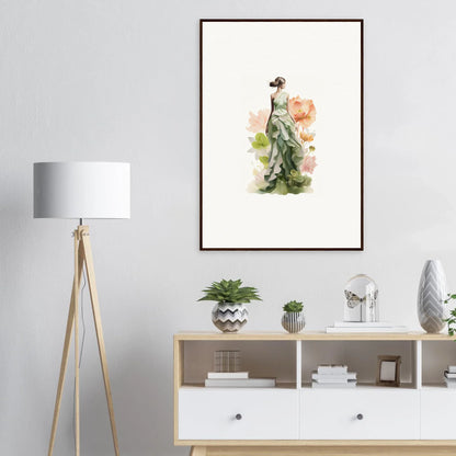 Framed watercolor painting of a woman in green dress for spring symphony room decoration