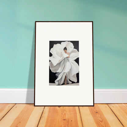 Framed canvas print of a person in a floral white dress, perfect for room decoration