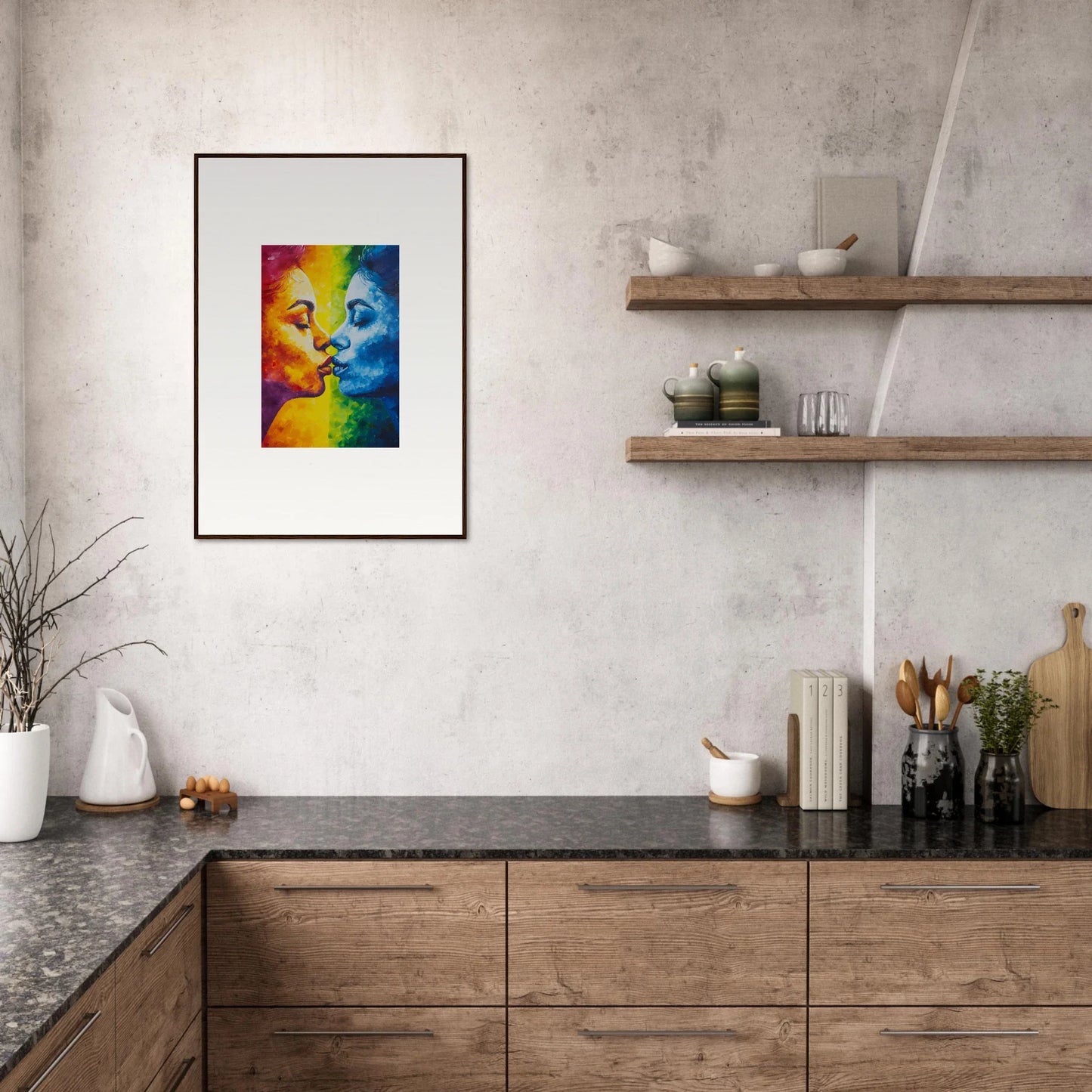 Colorful framed artwork of two faces, perfect for a Serenity Kiss canvas print