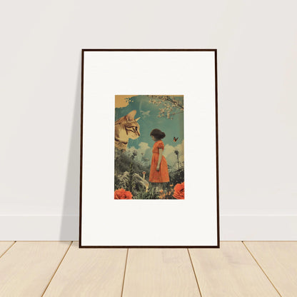 Framed canvas print of a child in an orange dress with nature and a fox for room decoration