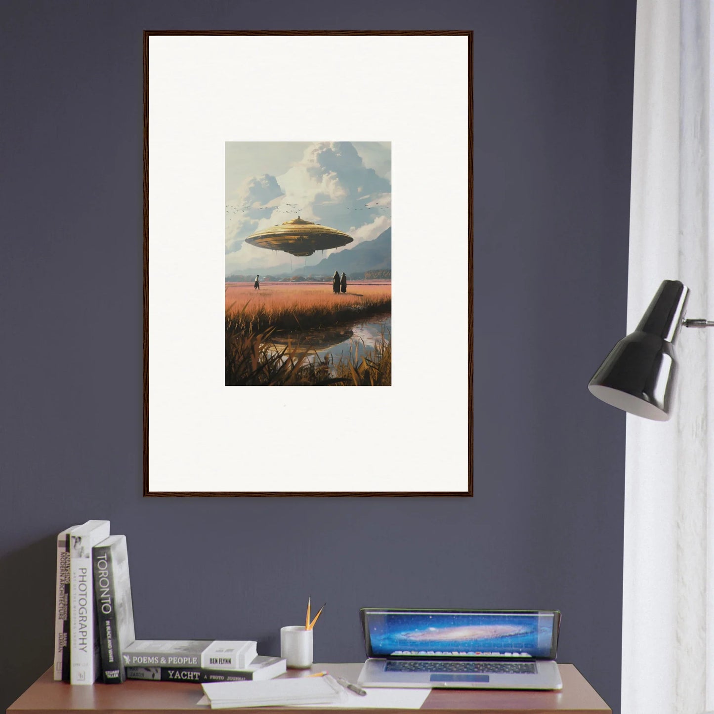 Framed UFO canvas print with drifting suns and silhouetted figures for cool room decoration