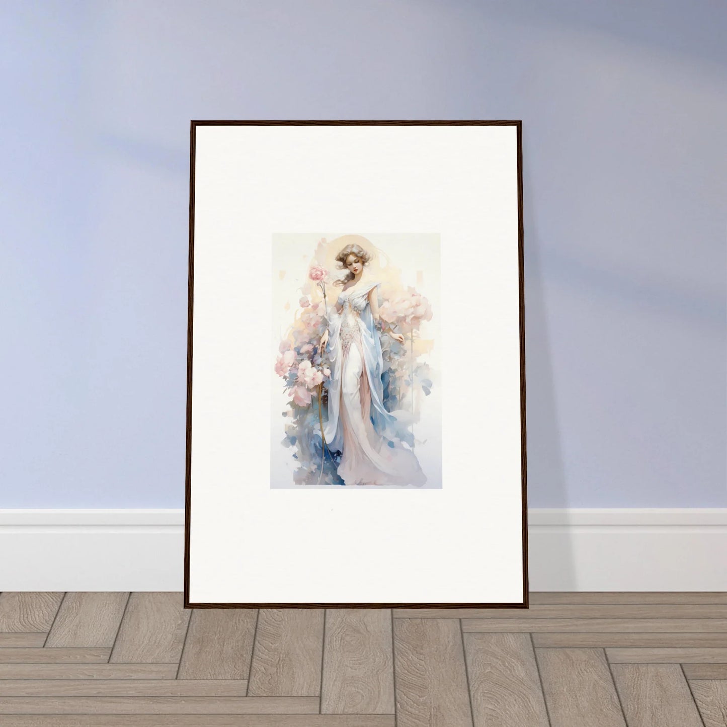 Framed watercolor of an ethereal figure for a dreamy Blossom Serenade room decoration