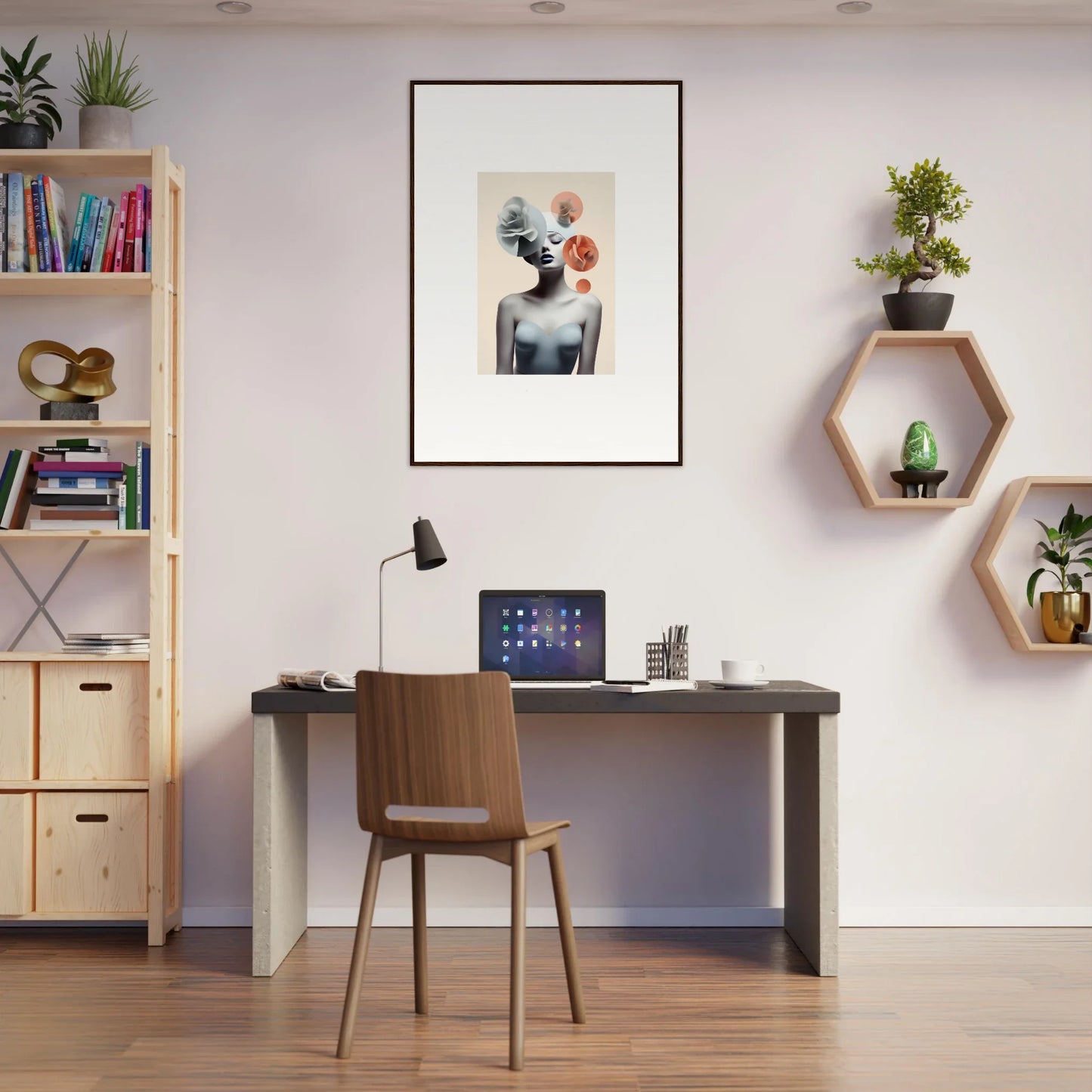 Minimalist home office with a stylish desk and wall art for the Blossom Nexus vibe