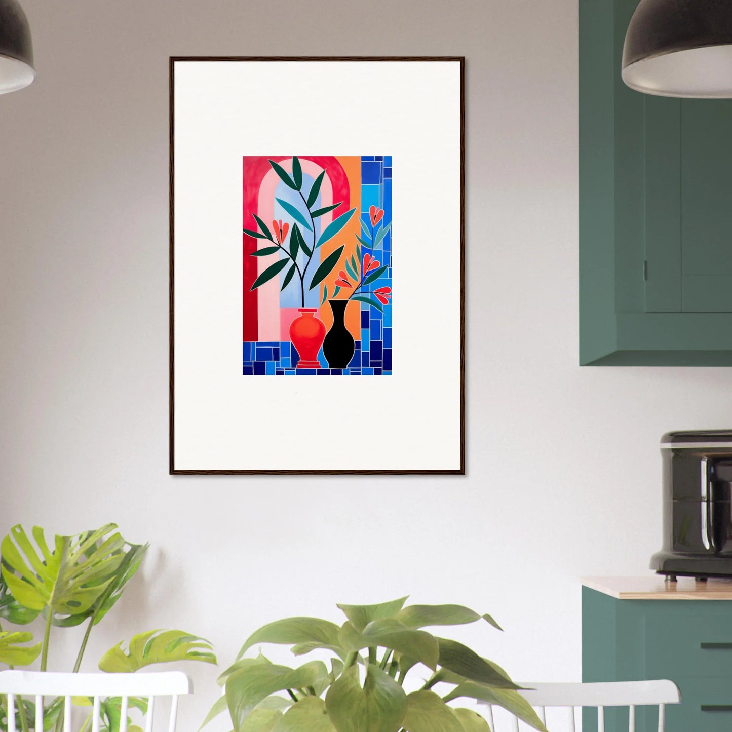 Framed wall art of colorful ceramic blooms in vases with a geometric background