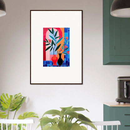 Framed wall art of colorful ceramic blooms in vases with a geometric background