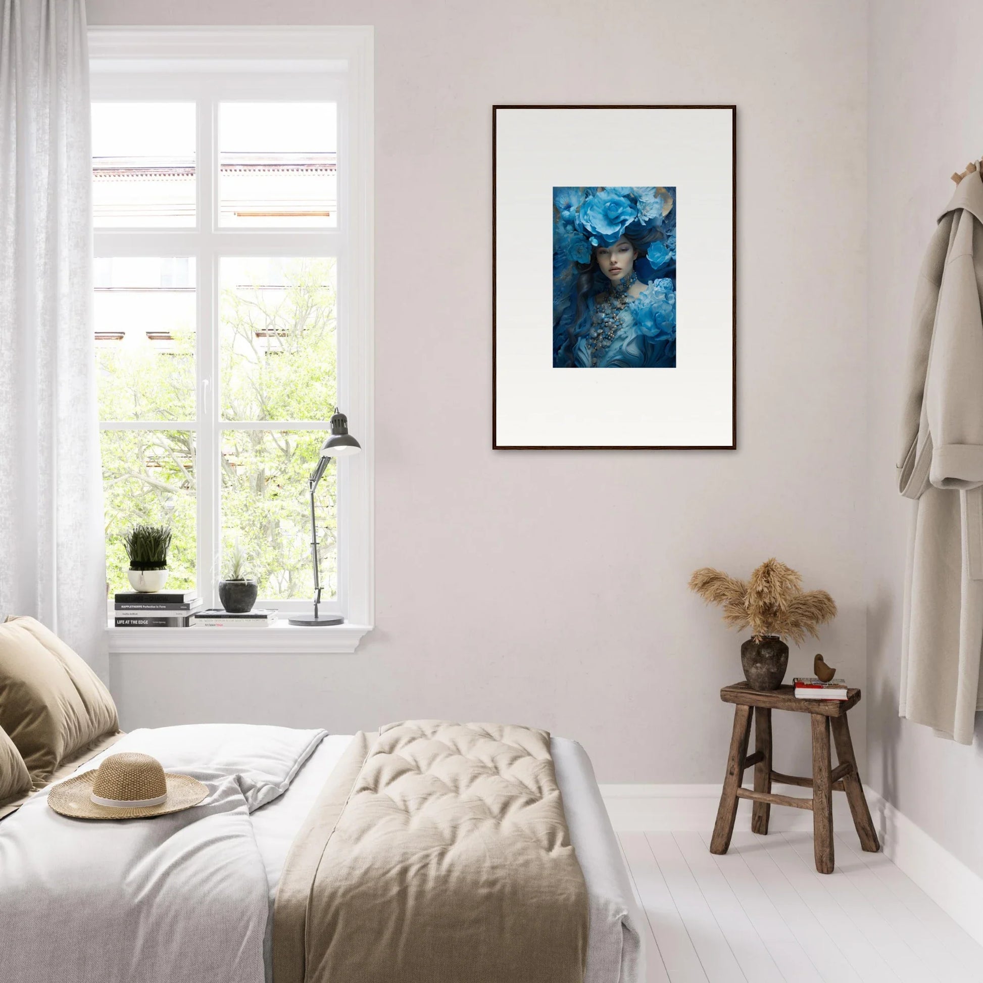 Framed canvas print of a wolf’s face in a blue symphony for cool room decoration