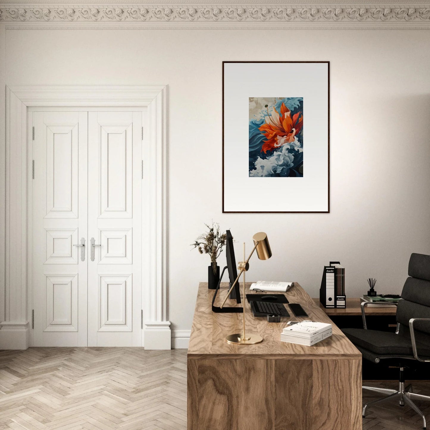 Elegant home office with wooden desk, canvas print, and cozy room decoration vibe