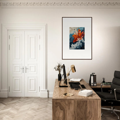 Elegant home office with wooden desk, canvas print, and cozy room decoration vibe