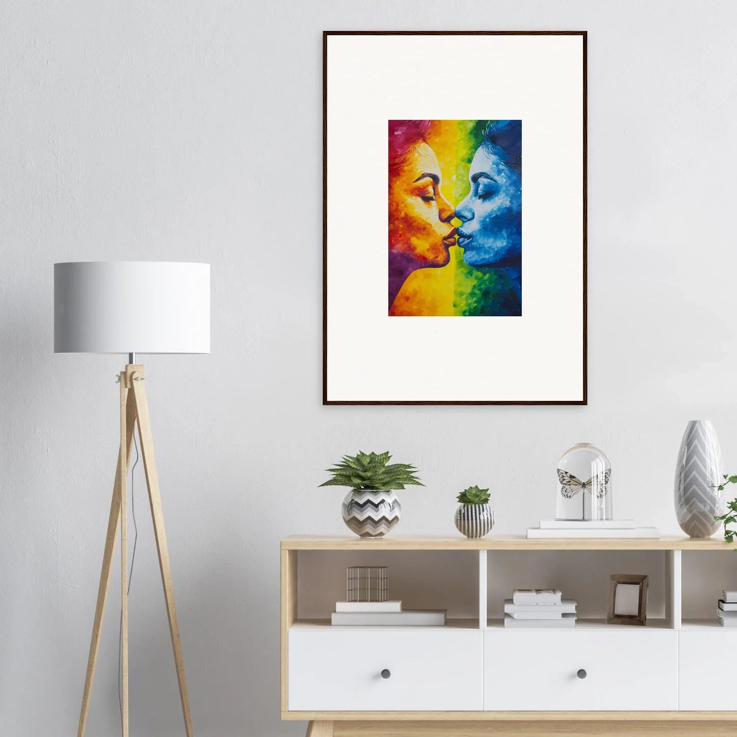 Colorful portrait of two faces about to kiss, perfect for a serene room decoration canvas print