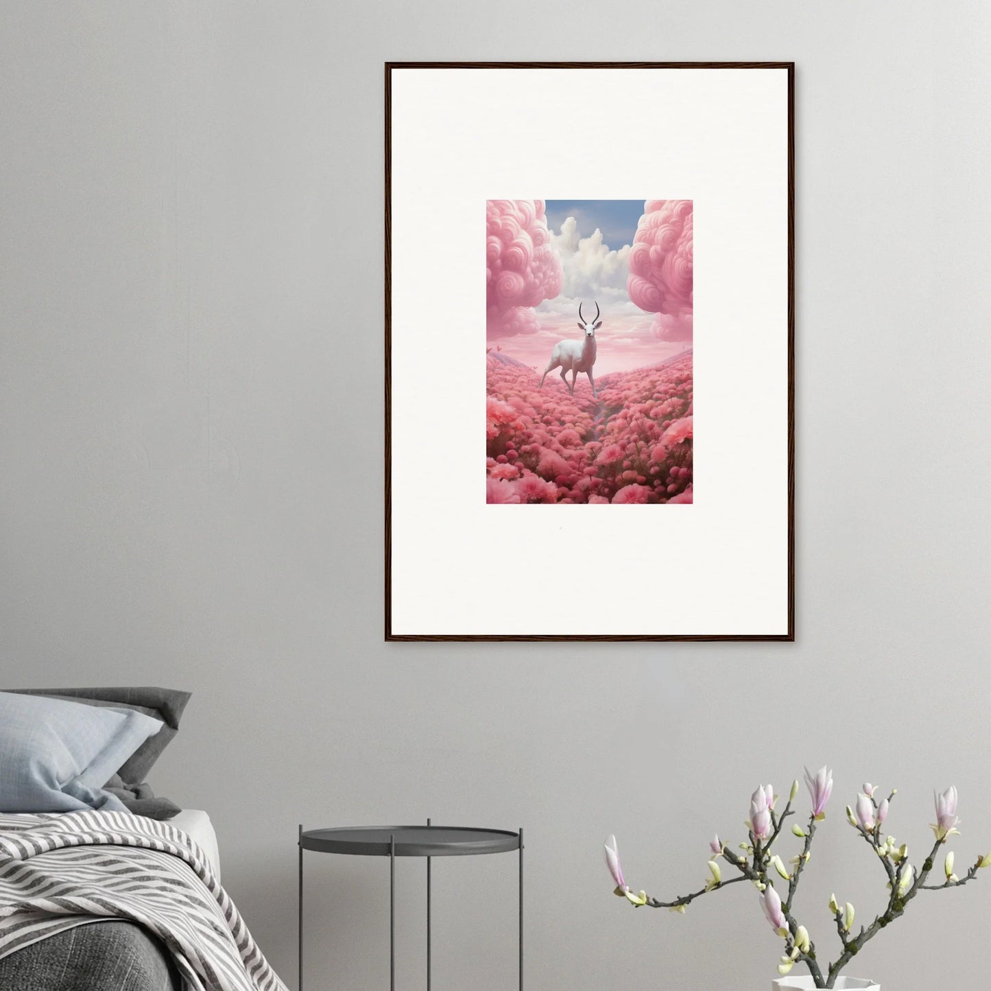 Framed canvas print of a deer in a dreamy pink landscape, perfect for berry collision room decoration