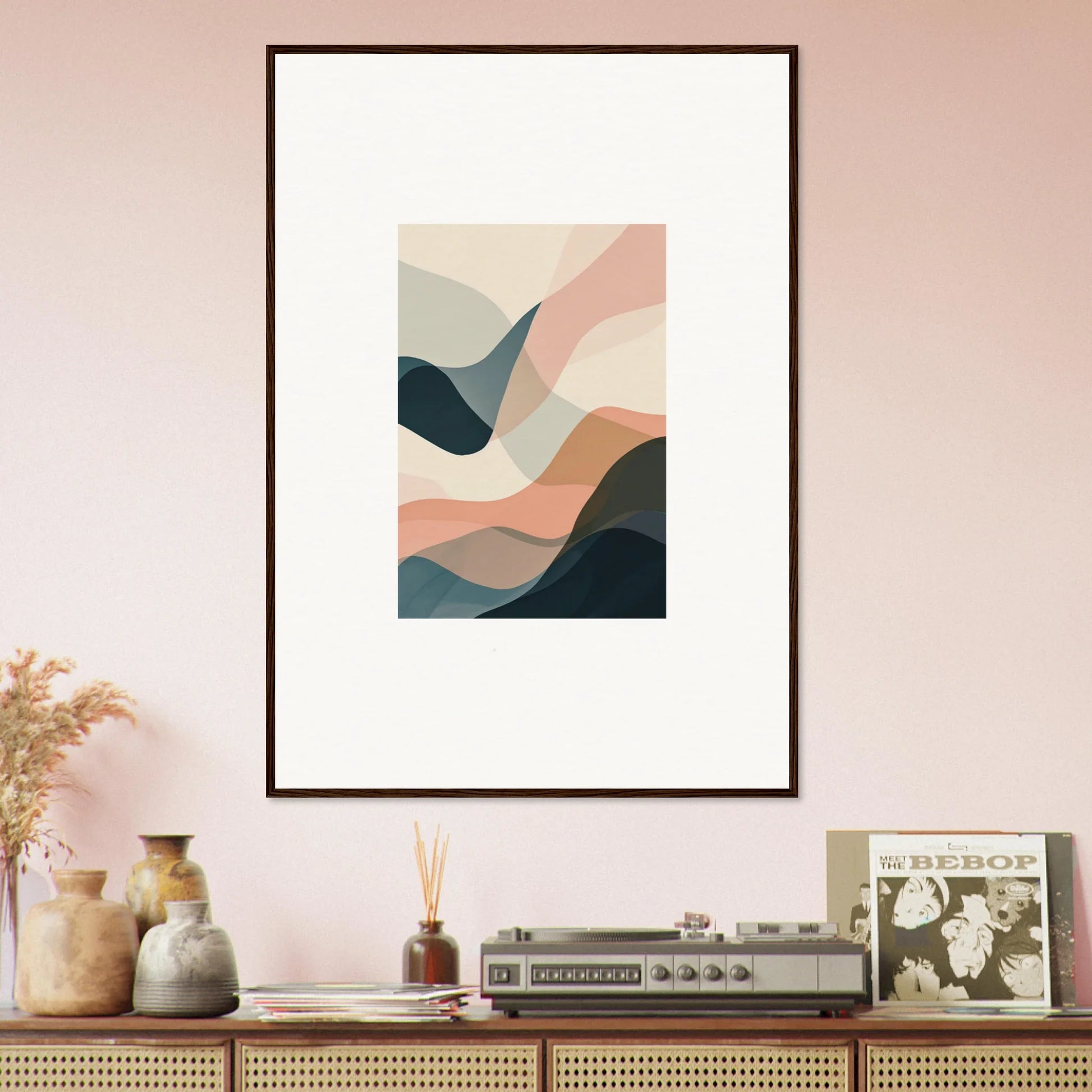 Framed abstract canvas print with soft curves, perfect for room decoration and wall art