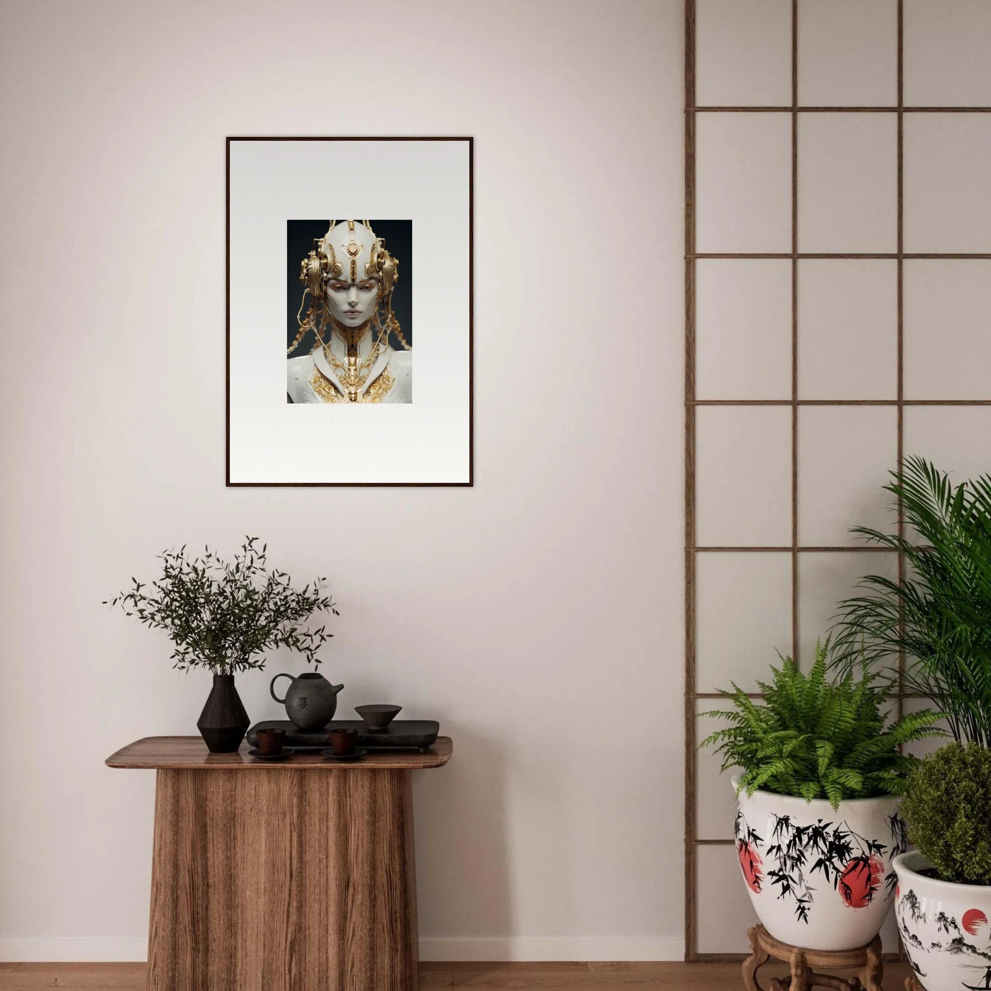 Framed canvas print of a figure with a golden mask, adding flux radiance to any room decoration