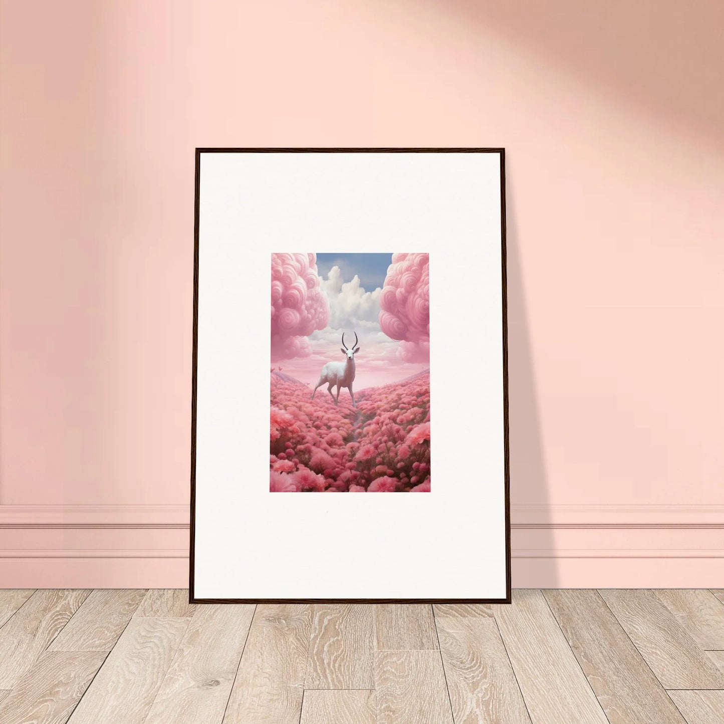 Framed canvas print of a deer in pink clouds for cool berry collision room decoration