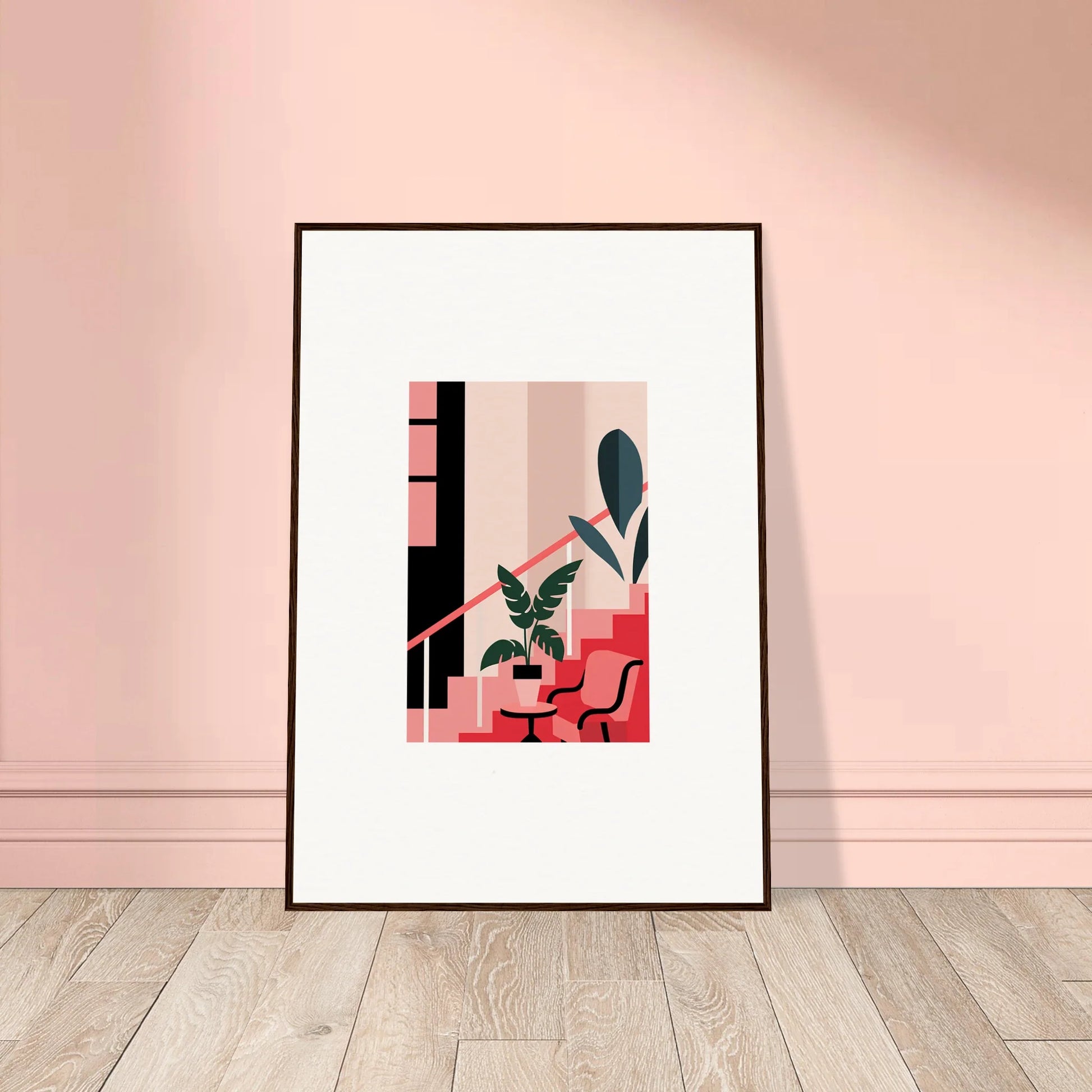 Framed minimalist art print of daydream expression with abstract shapes and plants