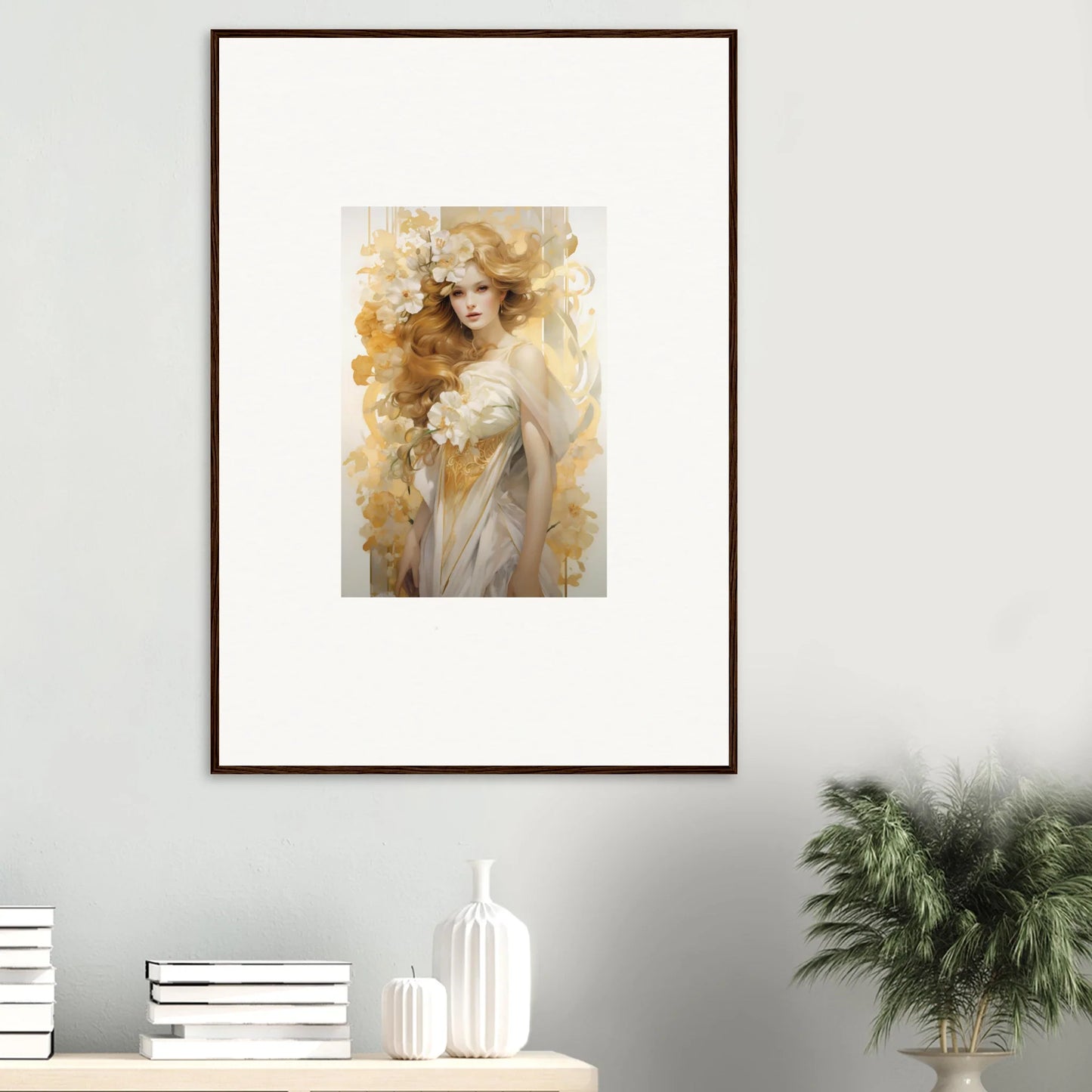 Framed wall art of a woman in soft watercolor style for floral room decor