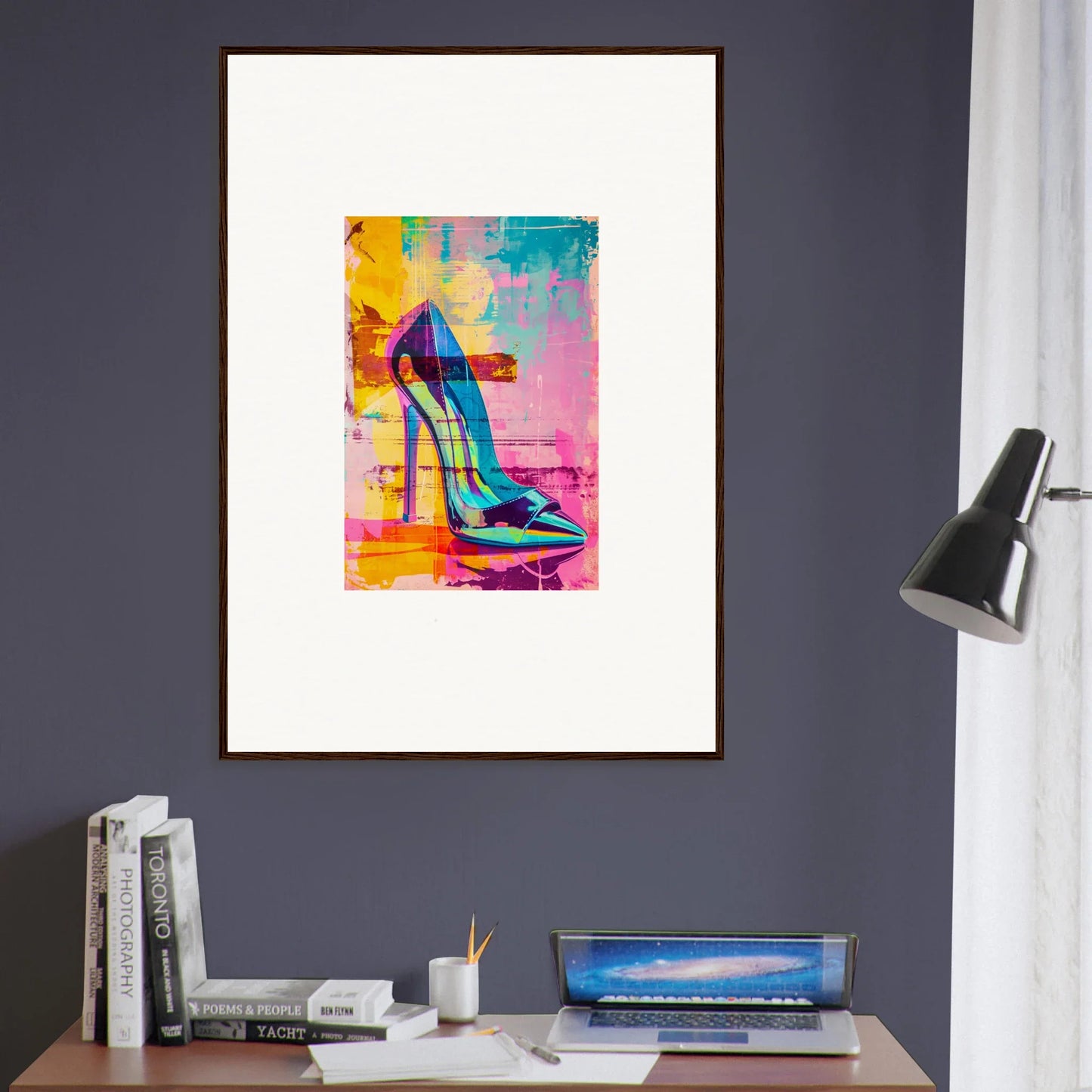 Colorful abstract painting of a high-heeled shoe for Noir Reverie room decor