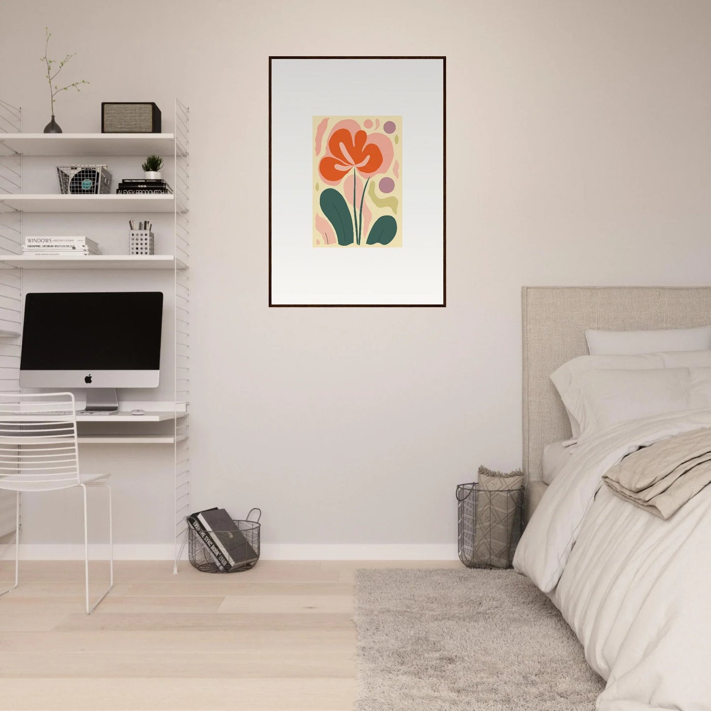 Framed abstract floral artwork in orange and green for a stylish room decoration