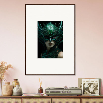 Framed canvas print of a masked figure with a green headdress for room decoration