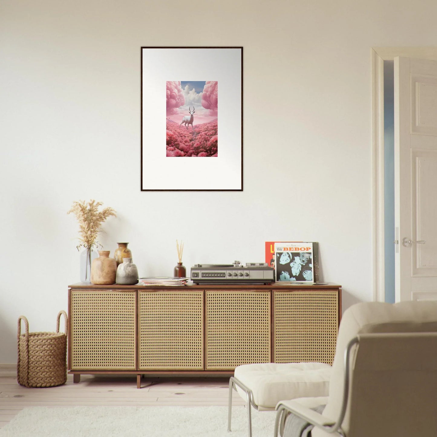 Wooden sideboard with cane-webbed doors, perfect for berry collision room decoration