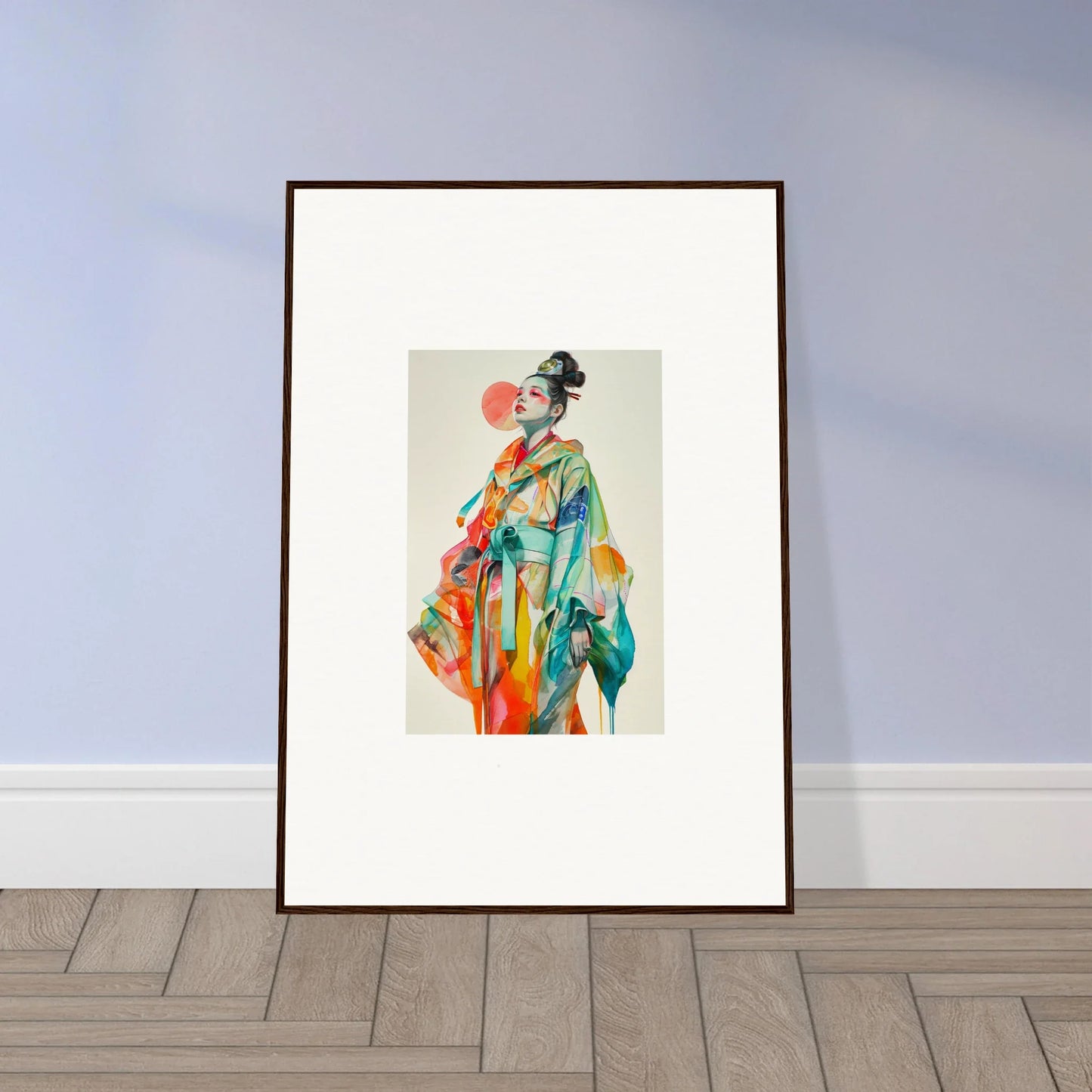 Colorful geisha canvas print, perfect for room decoration with rainbow essence vibes