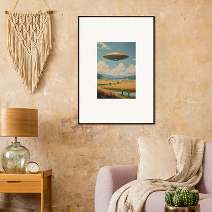 Framed canvas print of a UFO in a rural scene, perfect for unique room decoration