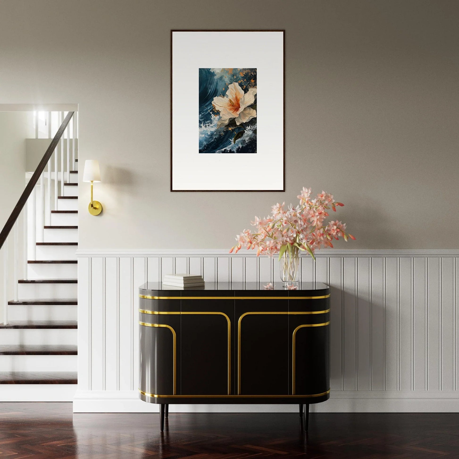 Elegant black and gold console table, perfect for room decoration with Petal Waves theme